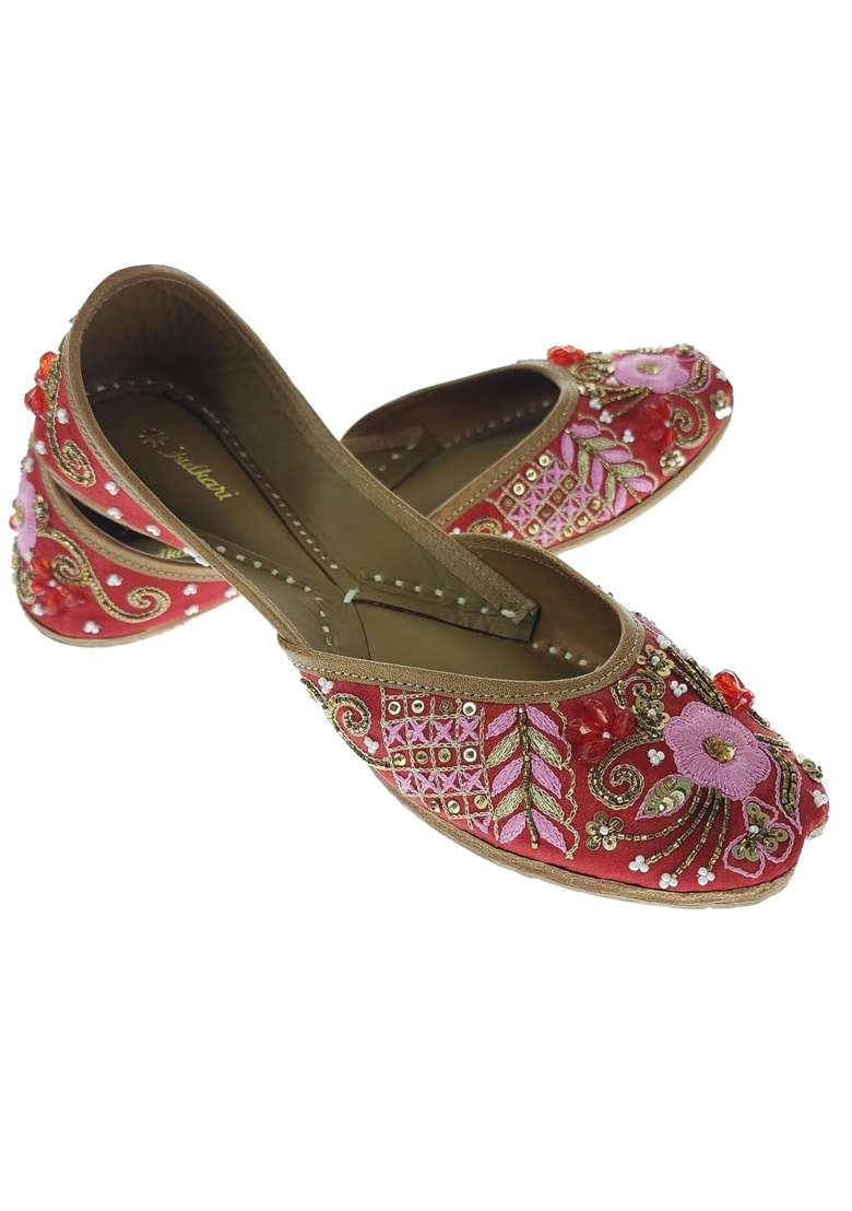 Fulkari Women Prairie Red Gold Genuine Soft Leather Embroidered Jutis - Indya