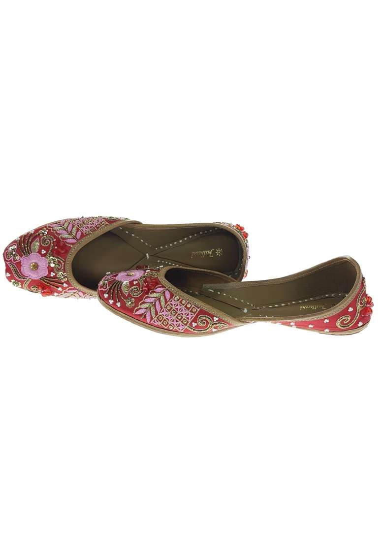 Fulkari Women Prairie Red Gold Genuine Soft Leather Embroidered Jutis - Indya