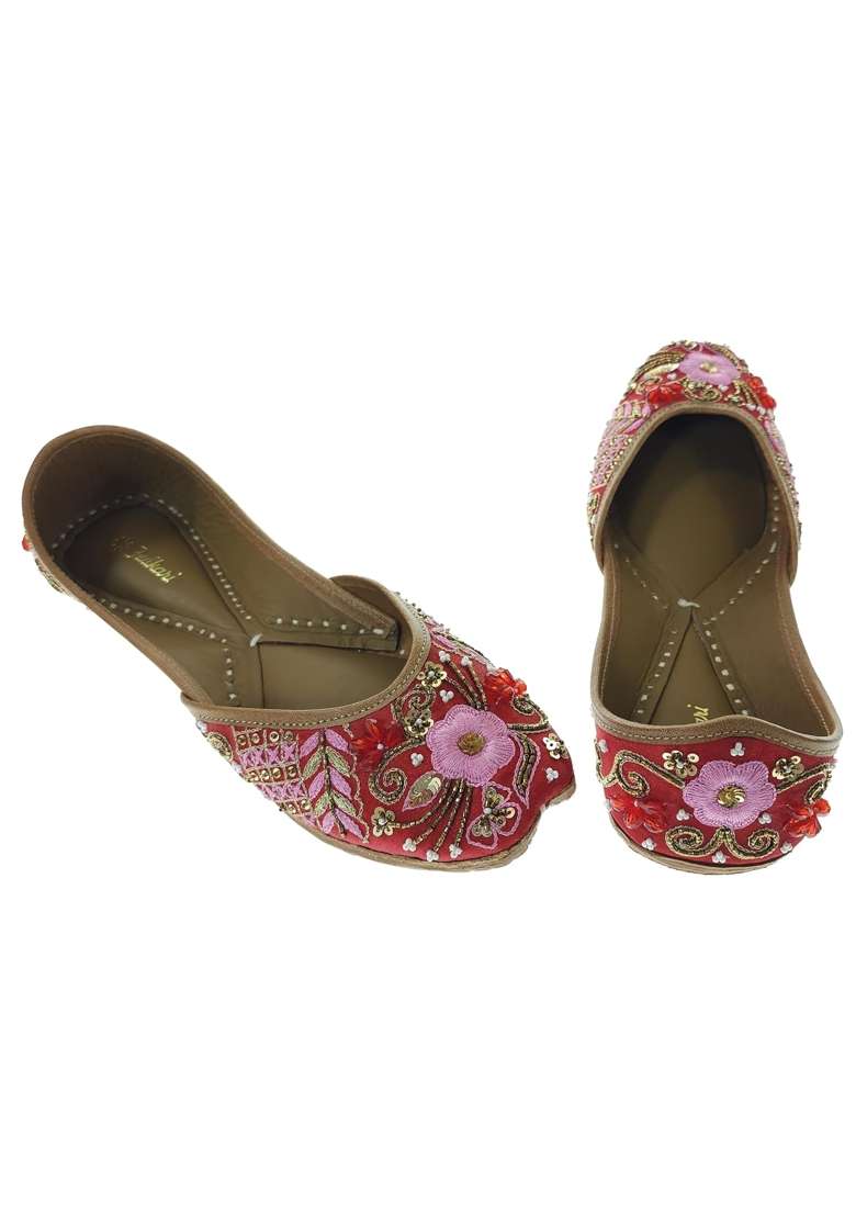 Fulkari Women Prairie Red Gold Genuine Soft Leather Embroidered Jutis - Indya