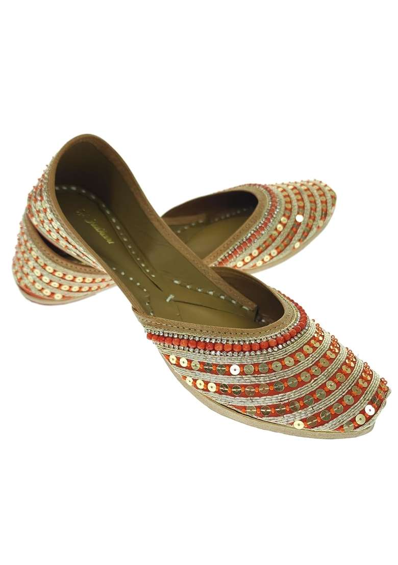 Fulkari Women Frangi Orange Gold Genuine Soft Leather Embroidered Jutis - Indya
