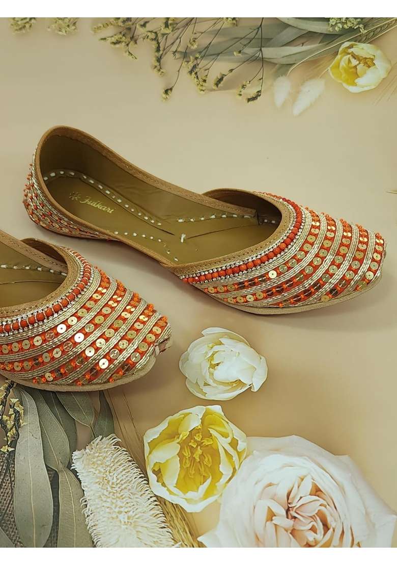 Fulkari Women Frangi Orange Gold Genuine Soft Leather Embroidered Jutis - Indya