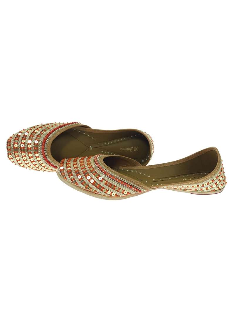 Fulkari Women Frangi Orange Gold Genuine Soft Leather Embroidered Jutis - Indya