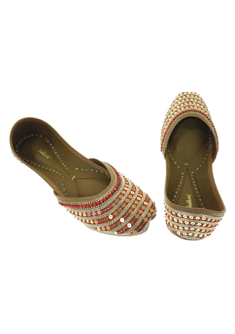 Fulkari Women Frangi Orange Gold Genuine Soft Leather Embroidered Jutis - Indya