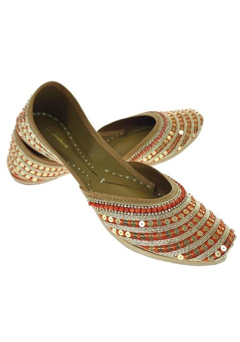 Fulkari Women Frangi Orange Gold Genuine Soft Leather Embroidered Jutis