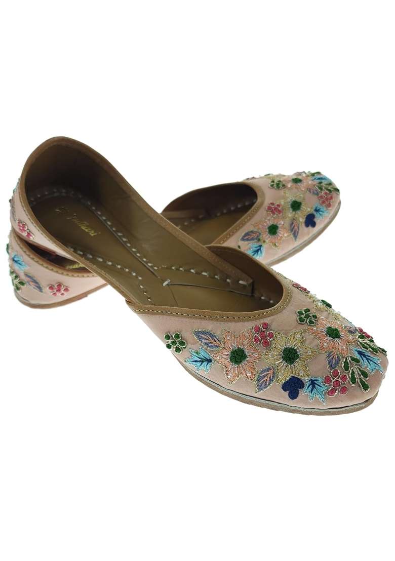 Fulkari Women Nicotiana Peach Gold Multi Genuine Soft Leather Embroidered Jutis - Indya