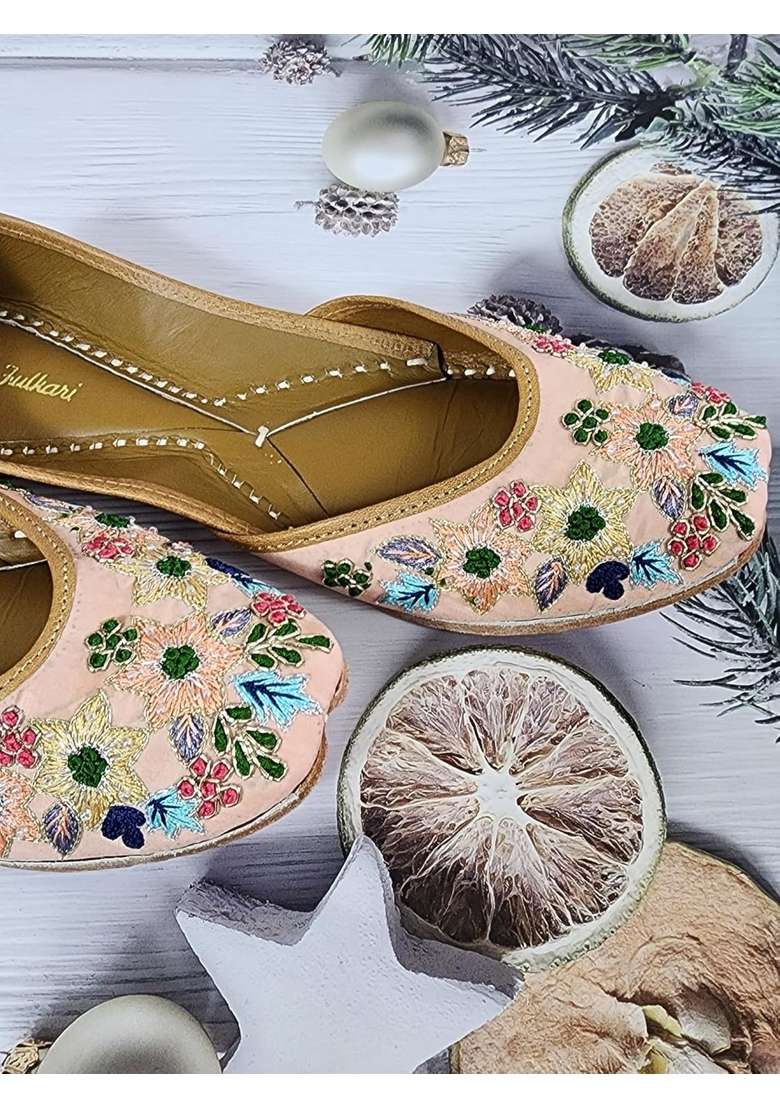 Fulkari Women Nicotiana Peach Gold Multi Genuine Soft Leather Embroidered Jutis - Indya