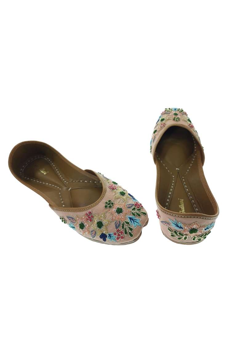 Fulkari Women Nicotiana Peach Gold Multi Genuine Soft Leather Embroidered Jutis - Indya