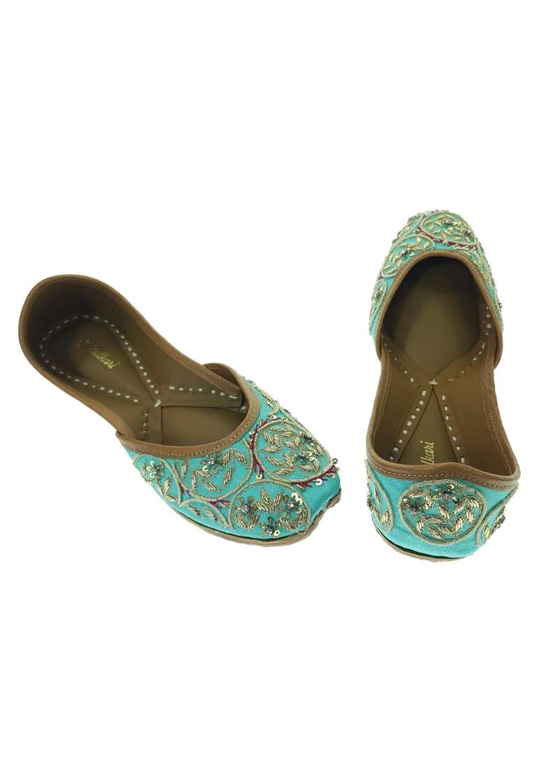 Fulkari Women Gerbera Gold Genuine Soft Leather Embroidered Jutis - Indya