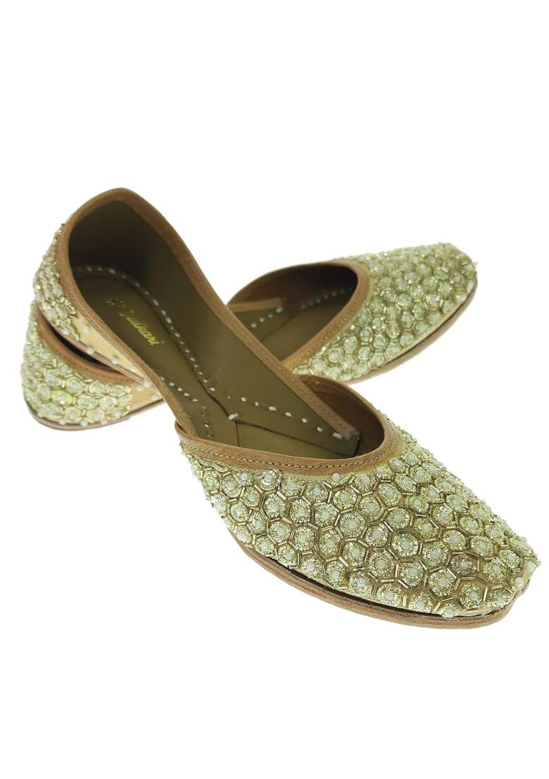 Fulkari Women Frisha Gold Genuine Soft Leather Embroidered Jutis - Indya