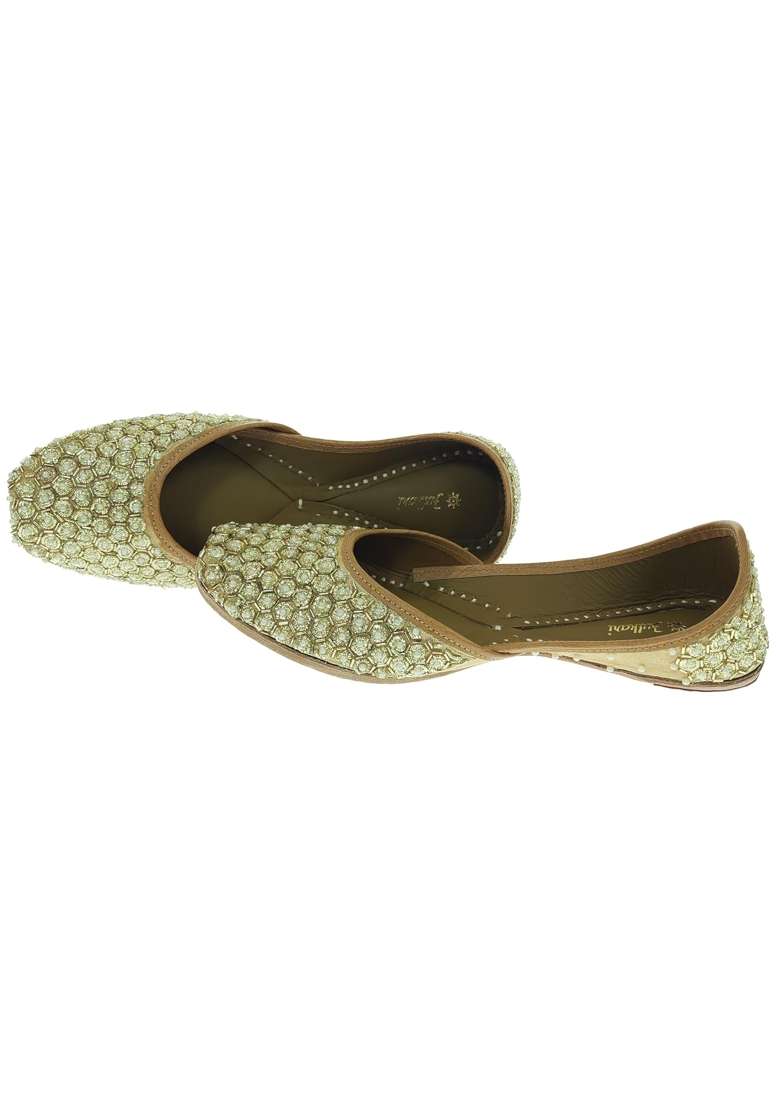 Fulkari Women Frisha Gold Genuine Soft Leather Embroidered Jutis - Indya