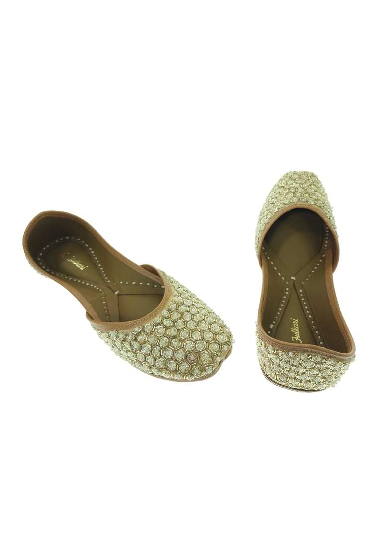 Fulkari Women Frisha Gold Genuine Soft Leather Embroidered Jutis - Indya