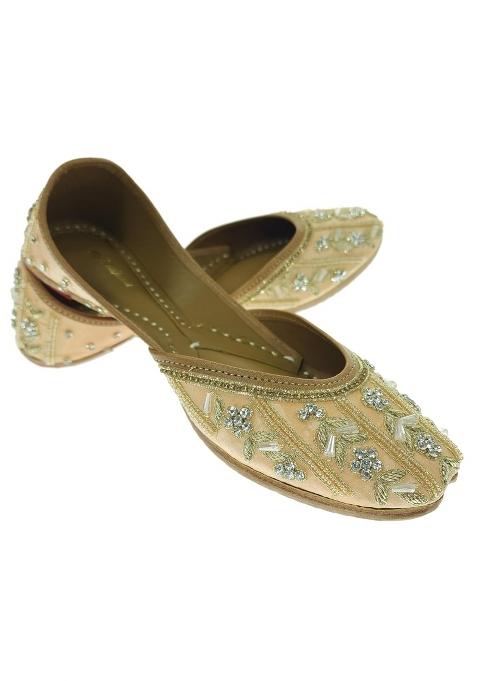 Fulkari Women Begonia Peach Gold Genuine Soft Leather Embroidered Jutis