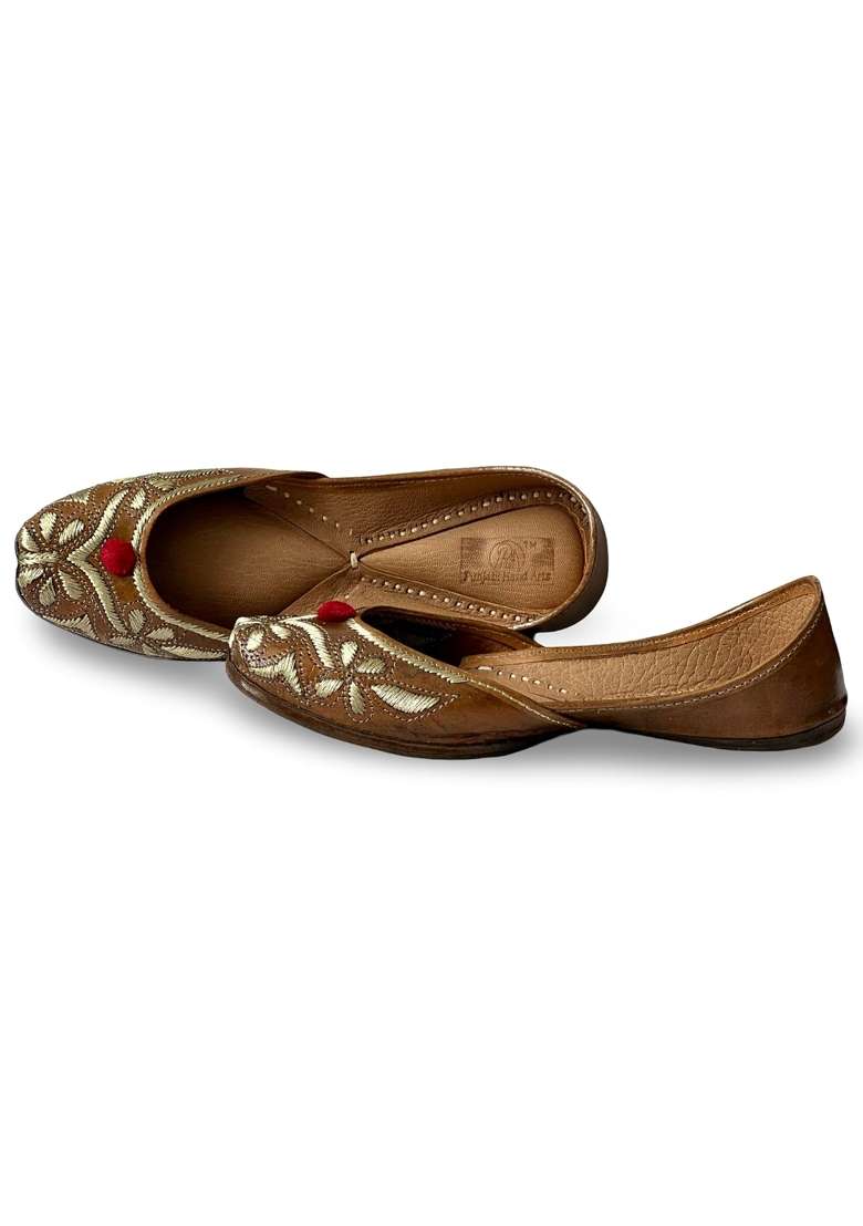 Punjabis Hand Art PHA Traditional Embroidered Floral Punjabi Juttis Brown Leather with Gold Thread Design - Indya