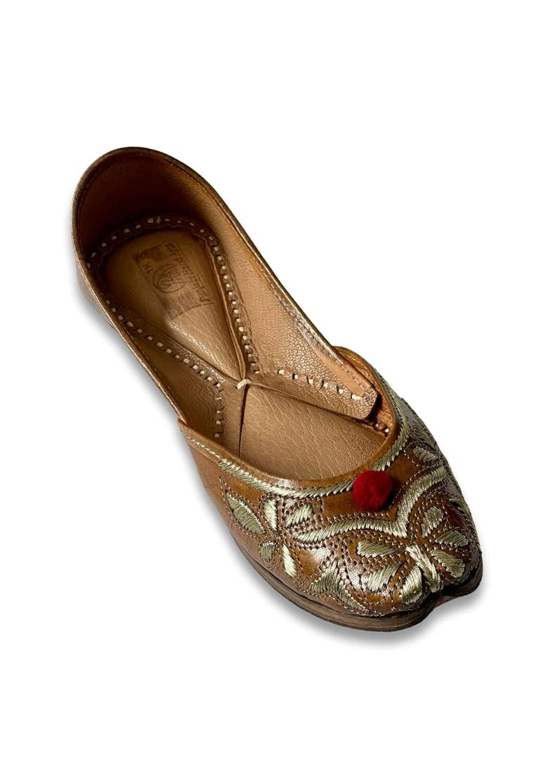 Punjabis Hand Art PHA Traditional Embroidered Floral Punjabi Juttis Brown Leather with Gold Thread Design - Indya