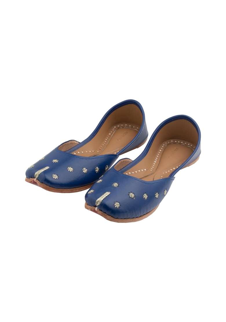 Korakari Blue Womens Traditional Ethnic Amber Punjabi Jutti Leather Flat Comfortable Mojaris for Girls - Indya