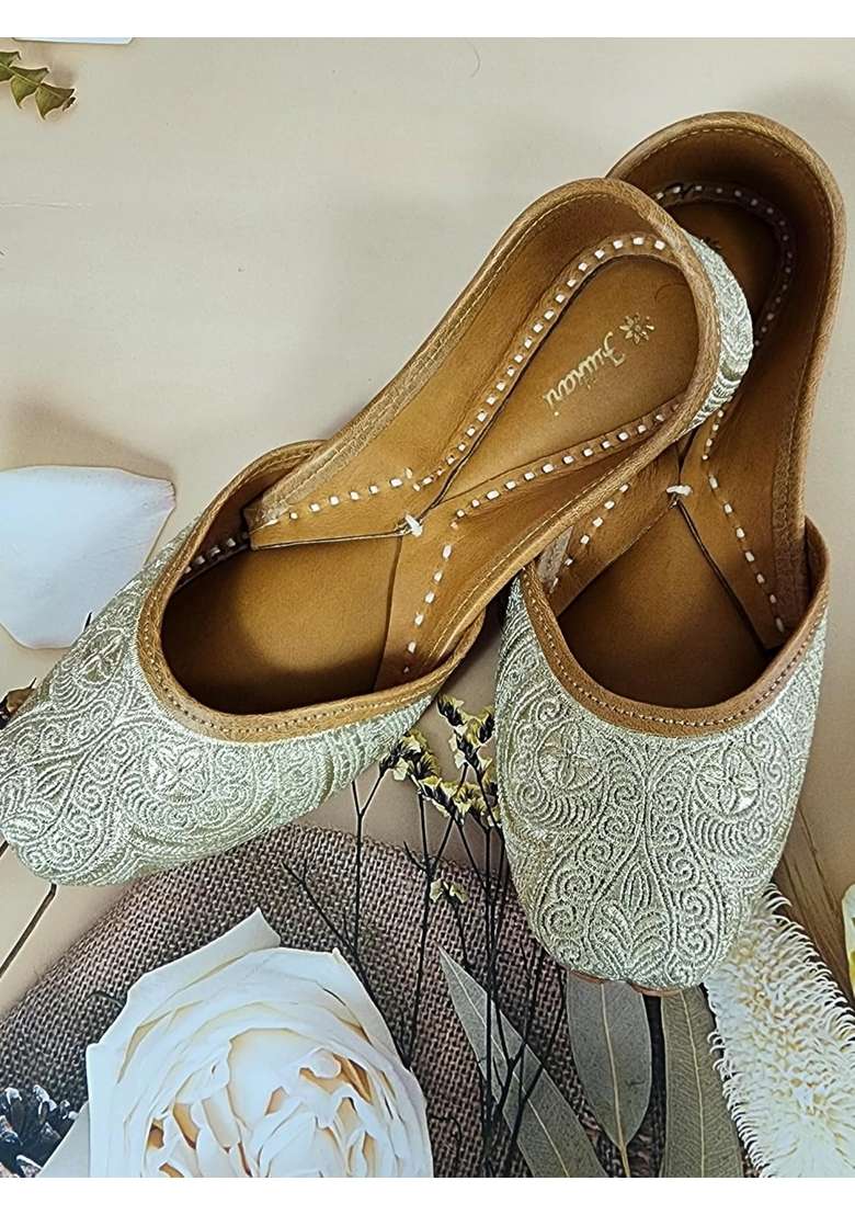 Fulkari Women Bellflower Gold Genuine Soft Leather Embroidered Jutis - Indya