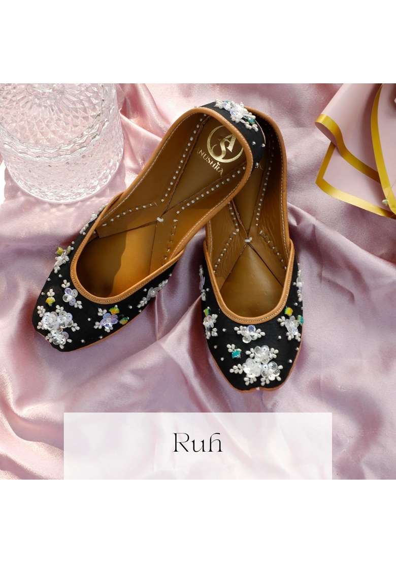 Anushra RUH Jutti for Women Handcrafted Black Embroidered Ethnic Footwear with Pearl Sequin Work Leather - Indya