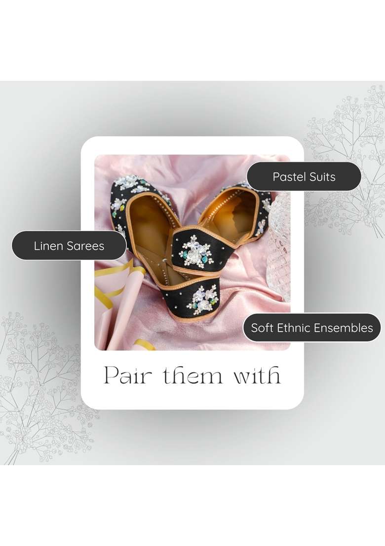 Anushra RUH Jutti for Women Handcrafted Black Embroidered Ethnic Footwear with Pearl Sequin Work Leather - Indya