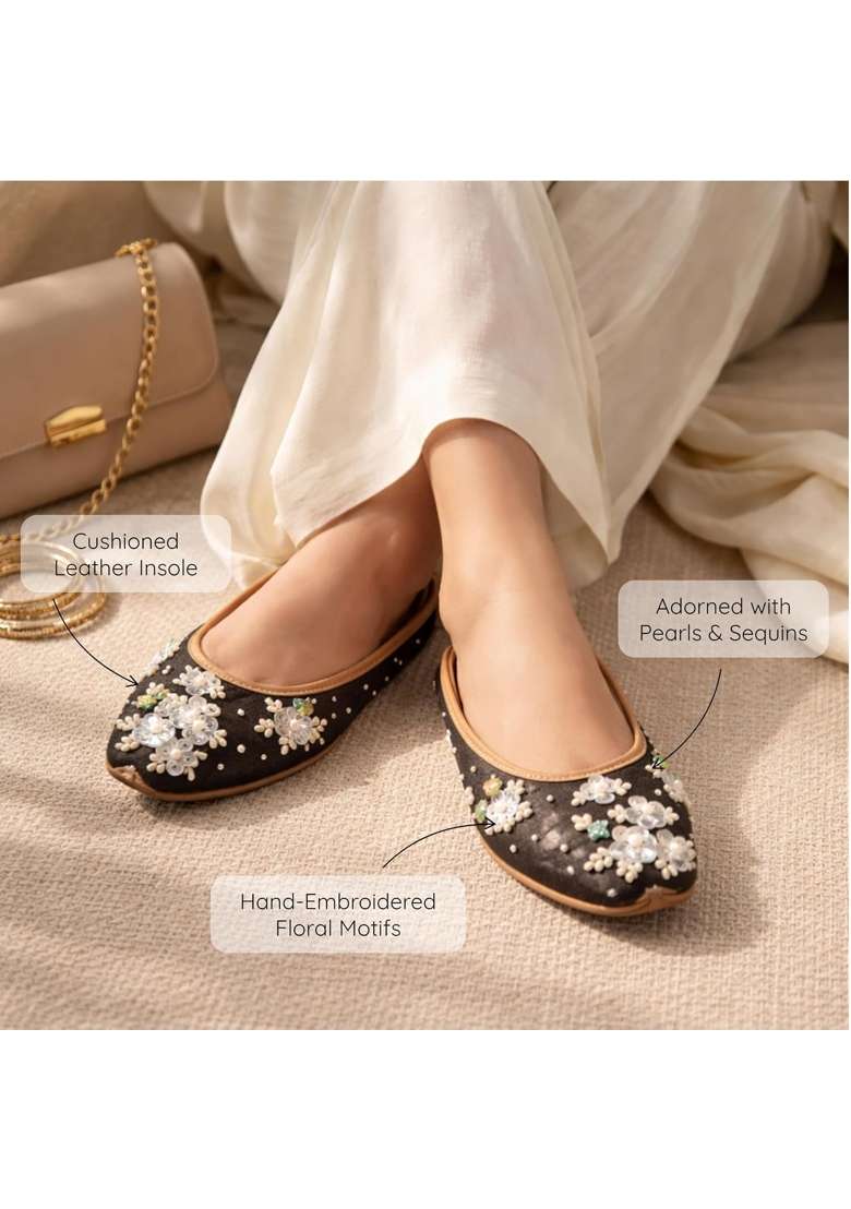 Anushra RUH Jutti for Women Handcrafted Black Embroidered Ethnic Footwear with Pearl Sequin Work Leather - Indya