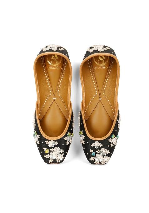 Anushra RUH Jutti for Women Handcrafted Black Embroidered Ethnic Footwear with Pearl Sequin Work Leather