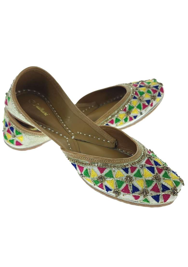 Fulkari Women Anemone Gold Multicolor Genuine Soft Leather Embroidered Jutis - Indya