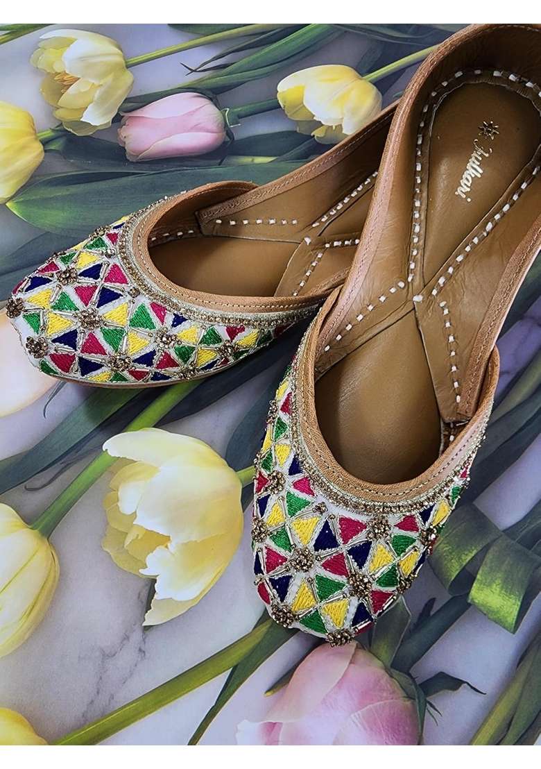 Fulkari Women Anemone Gold Multicolor Genuine Soft Leather Embroidered Jutis - Indya