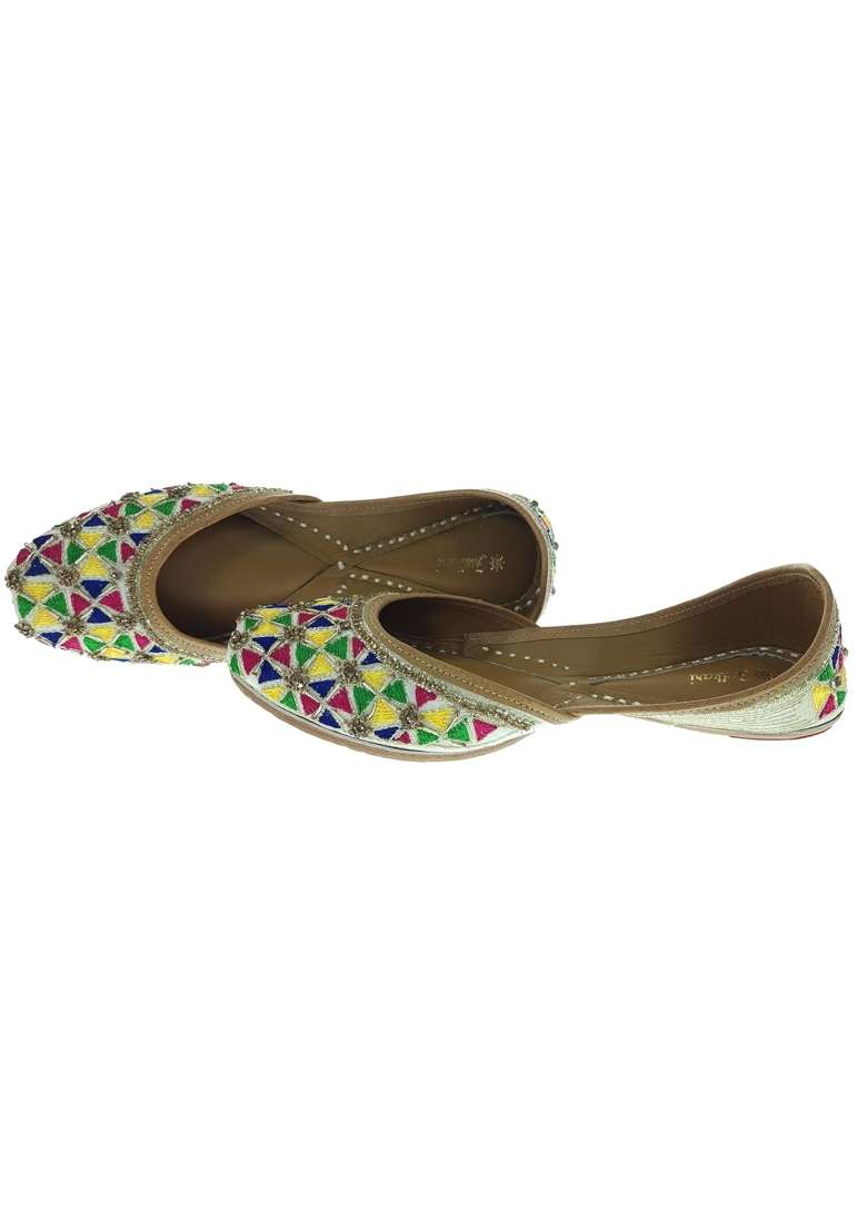 Fulkari Women Anemone Gold Multicolor Genuine Soft Leather Embroidered Jutis - Indya
