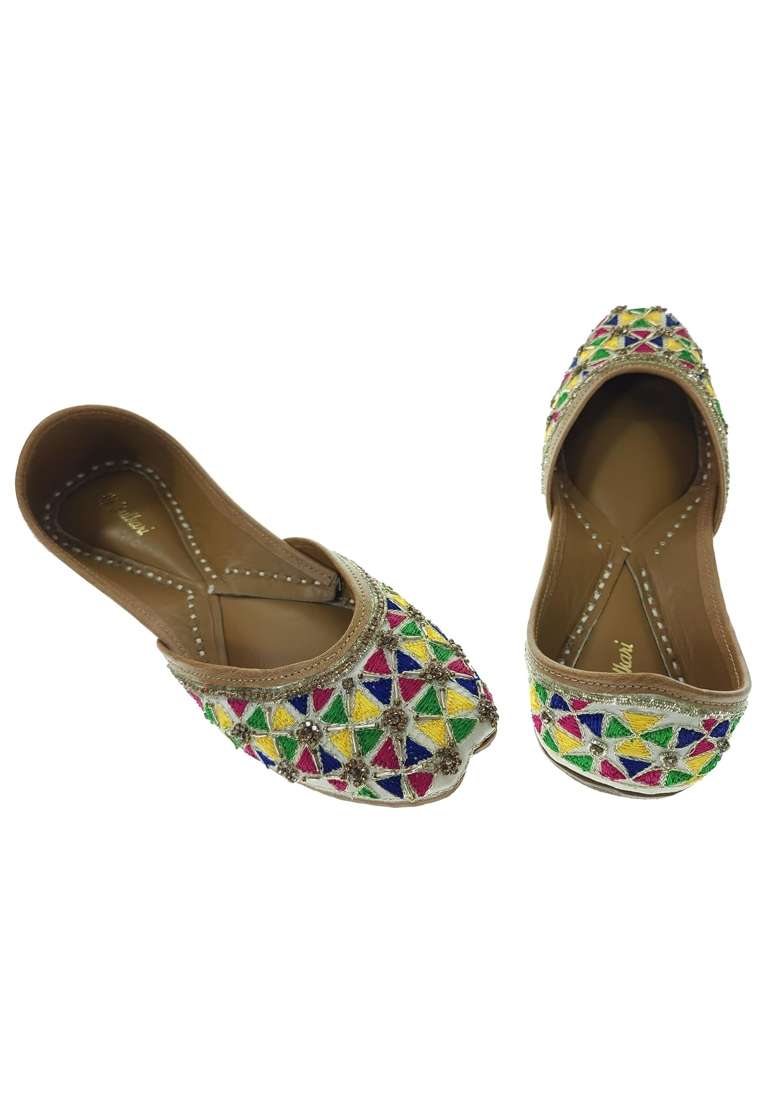 Fulkari Women Anemone Gold Multicolor Genuine Soft Leather Embroidered Jutis - Indya