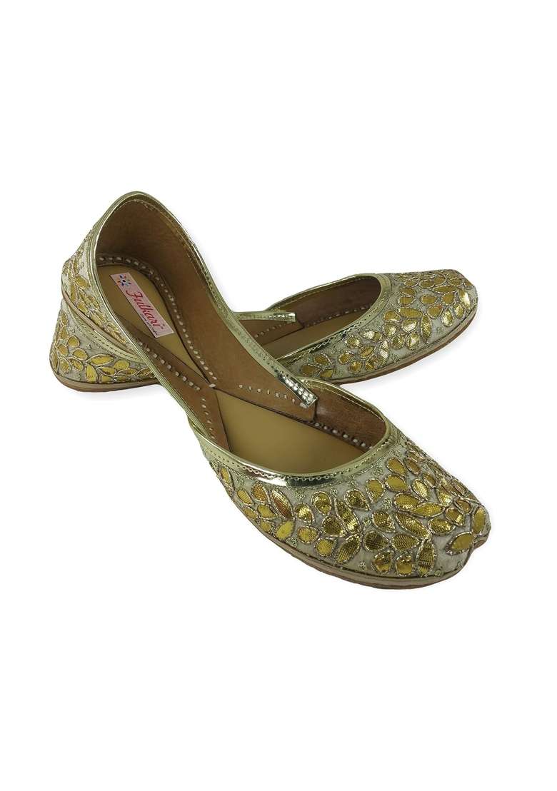 Fulkari Womens Soft Leather Bite and Pinch Free Gotta Patti Gold Embroidered Flat Jutti Ethnic Shoe - Indya