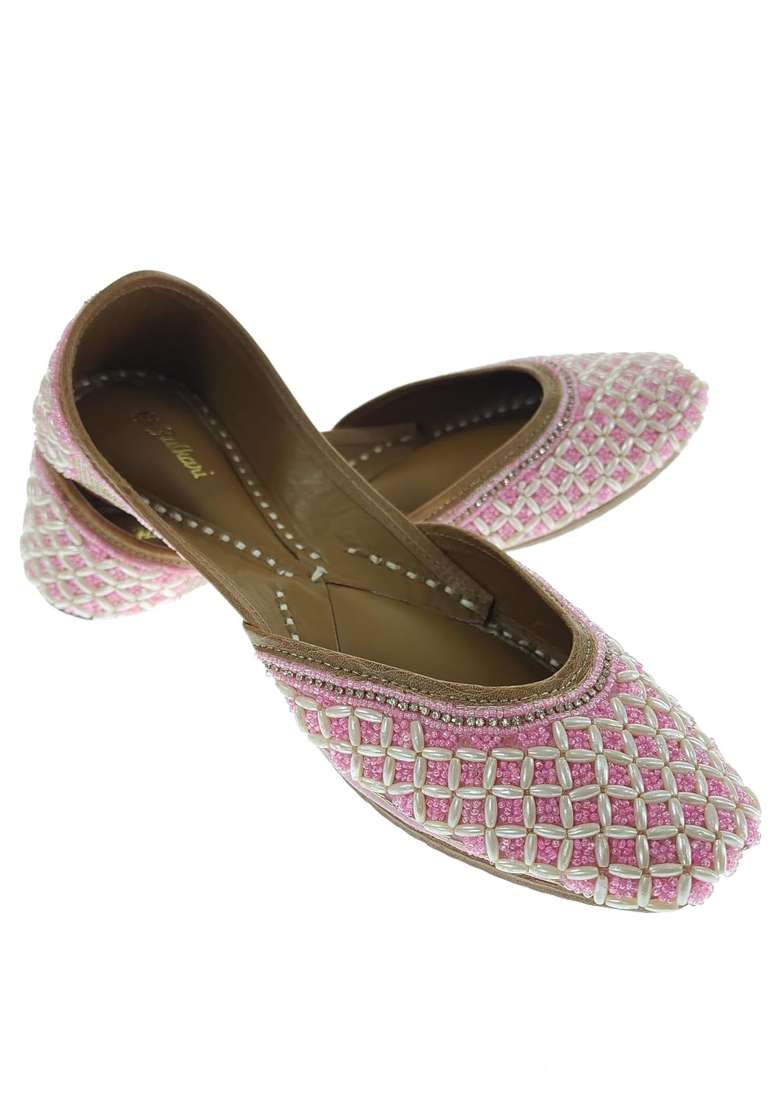 Fulkari Women Candy Pink Beige Genuine Soft Leather Embroidered Jutis - Indya