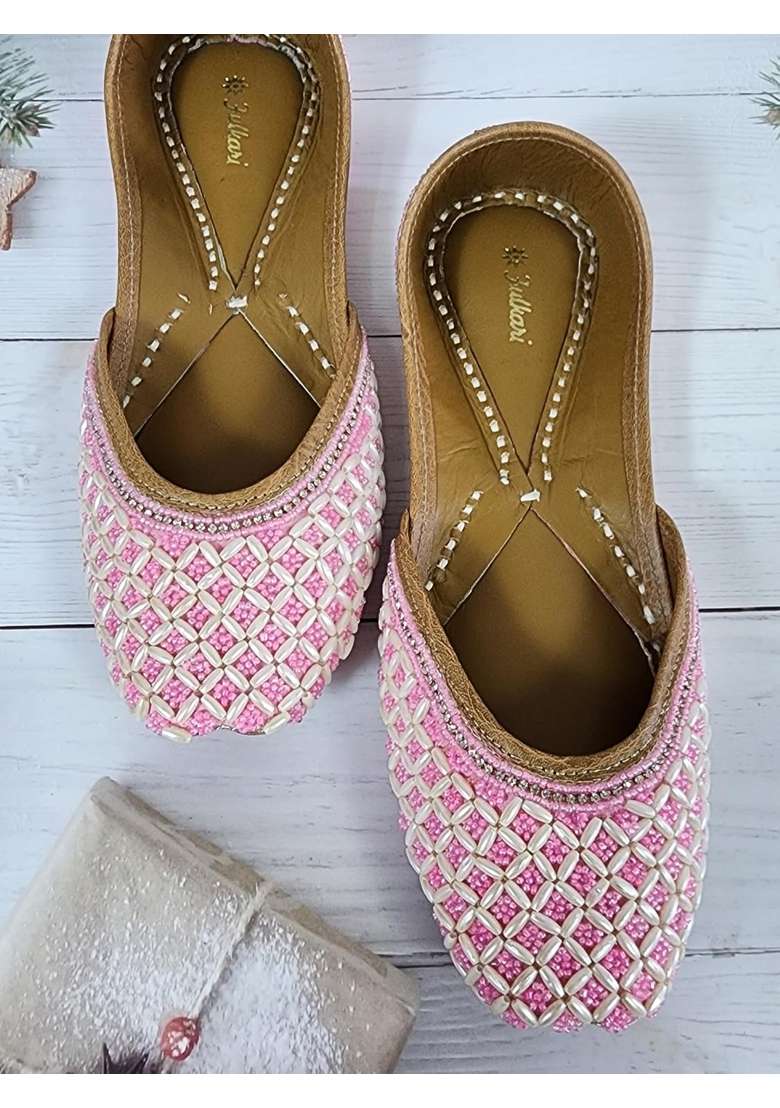 Fulkari Women Candy Pink Beige Genuine Soft Leather Embroidered Jutis - Indya