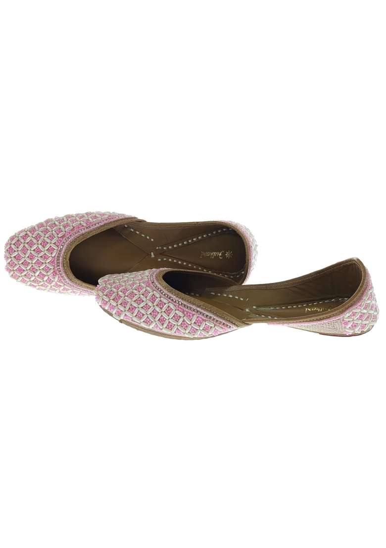 Fulkari Women Candy Pink Beige Genuine Soft Leather Embroidered Jutis - Indya