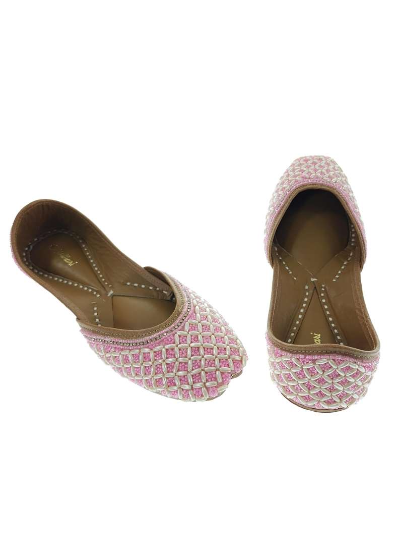Fulkari Women Candy Pink Beige Genuine Soft Leather Embroidered Jutis - Indya