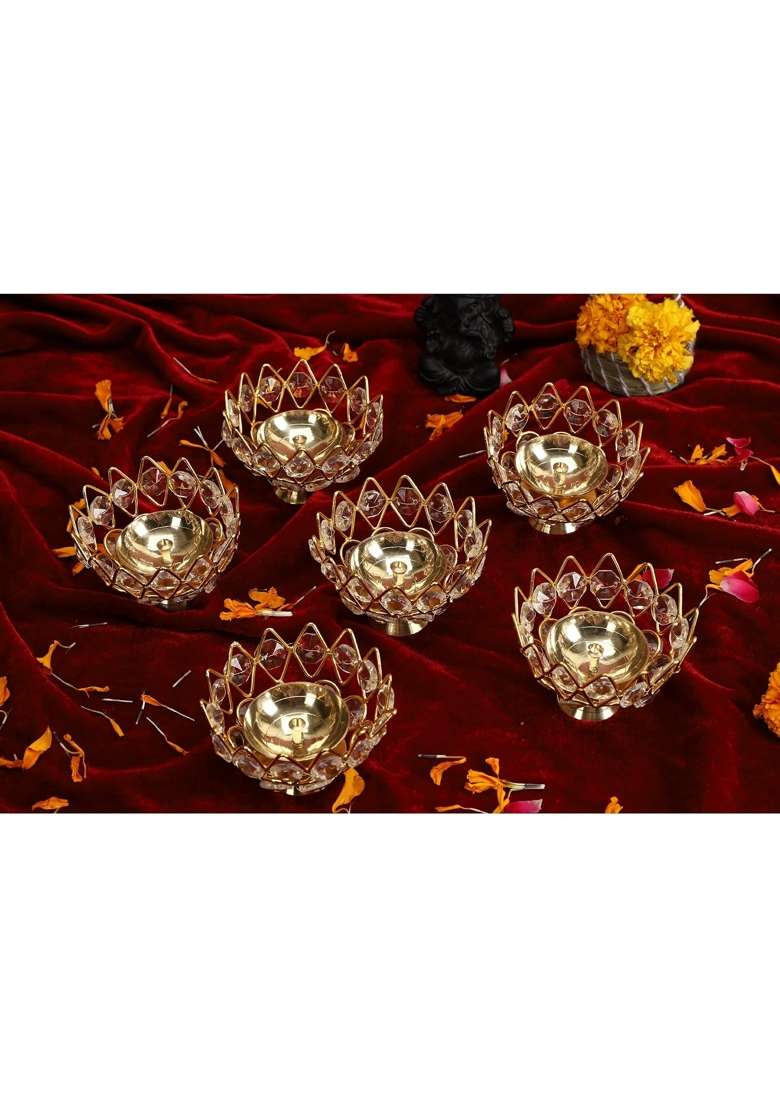 Decorative India Bronze Decor Metal Crystal Lotus Shape Brass Bowl Diya or Pital Jyot Diva or Pooja Pack of 12 - Indya