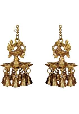 Khalsa Decor Golden Brass Peacock Hanging Diya Set of Two Traditional Solid Brass Chain Design Oil Pack of 2