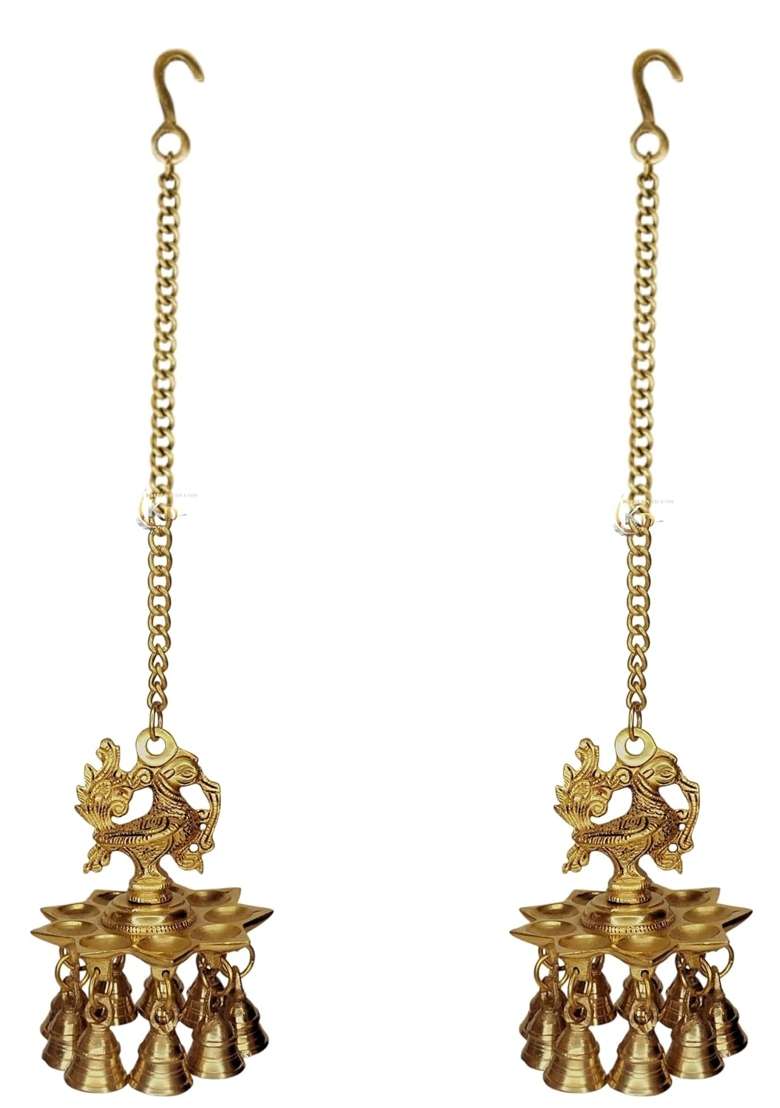 Khalsa Decor Golden Brass Peacock Hanging Diya Set of Two Traditional Solid Brass Chain Design Oil Pack of 2 - Indya