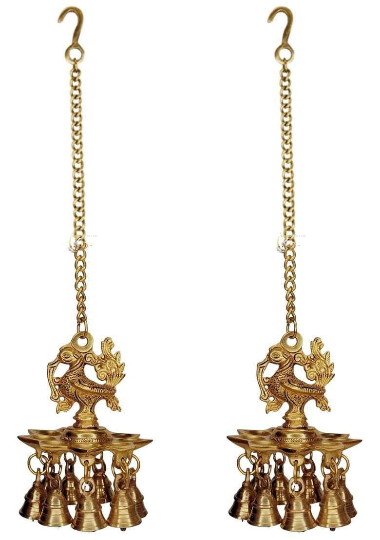 Khalsa Decor Golden Brass Peacock Hanging Diya Set of Two Traditional Solid Brass Chain Design Oil Pack of 2 - Indya