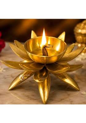 Khalsa Decor Golden Brass Lotus Shape Diya for Pooja Aarti Akhand Jyot Oil Lamp for Home Decor Traditional