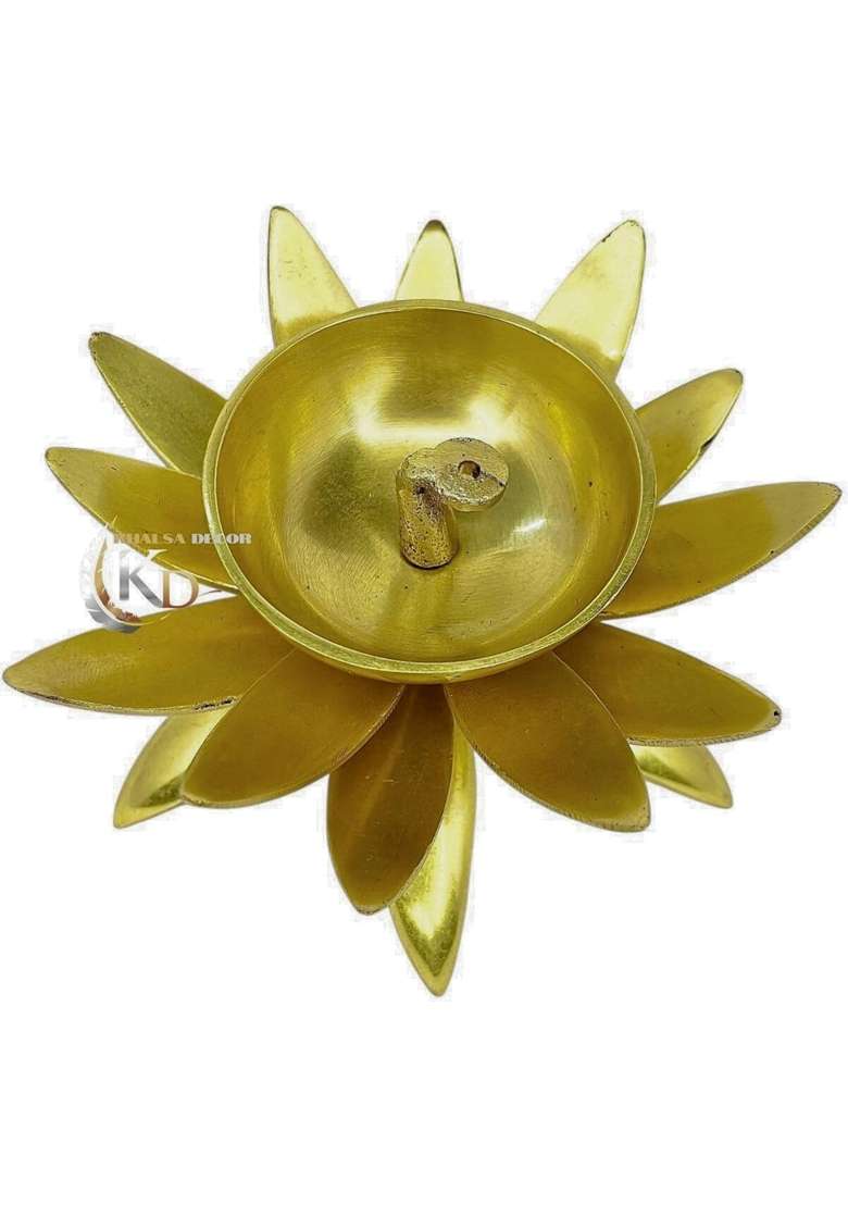 Khalsa Decor Golden Brass Lotus Shape Diya for Pooja Aarti Akhand Jyot Oil Lamp for Home Decor Traditional - Indya