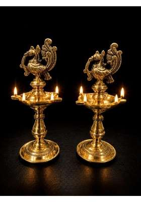 Gold Heavy Brass Peacock Kuthu Vilakku Pair 700 Grams Each Traditional Indian Oil Lamp South Indian Brass