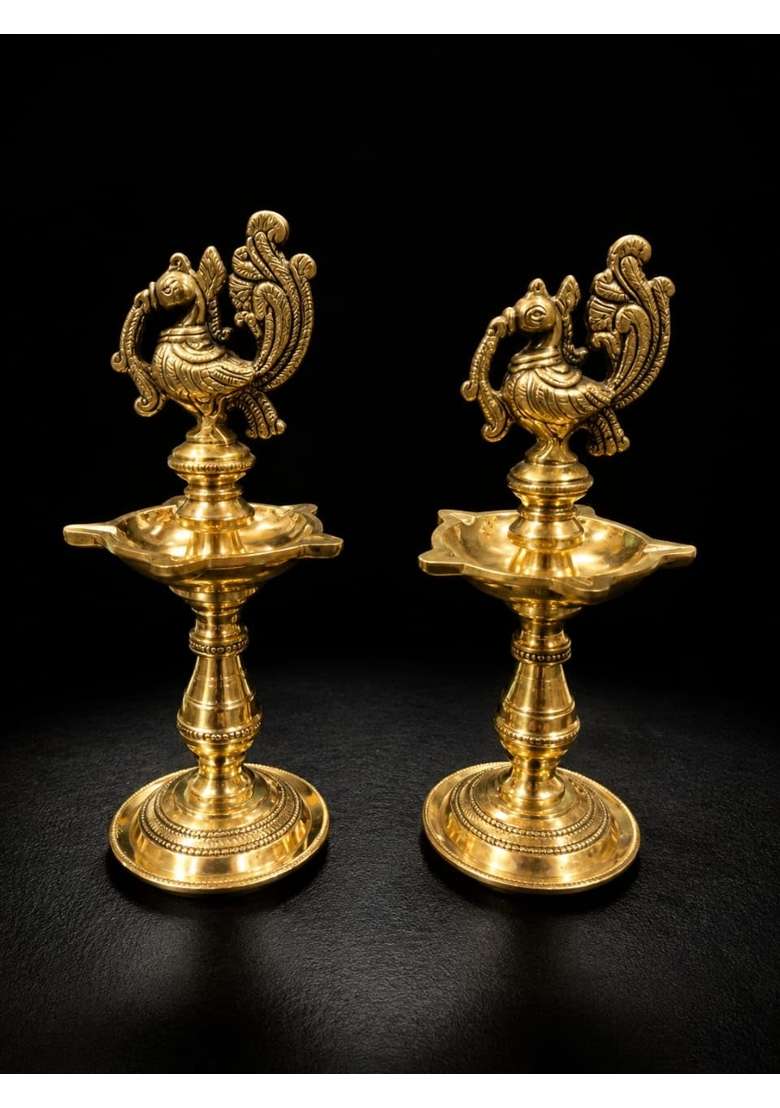 Gold Heavy Brass Peacock Kuthu Vilakku Pair 700 Grams Each Traditional Indian Oil Lamp South Indian Brass - Indya