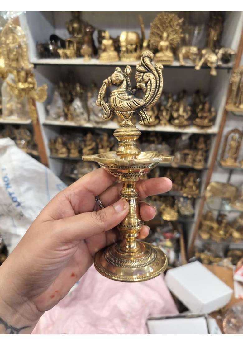 Gold Heavy Brass Peacock Kuthu Vilakku Pair 700 Grams Each Traditional Indian Oil Lamp South Indian Brass - Indya