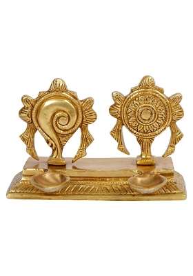 Kartique Brass Shankh Chakra Diya Oil Lamp Vishnu Symbols Gold 4 Point 25 Inch