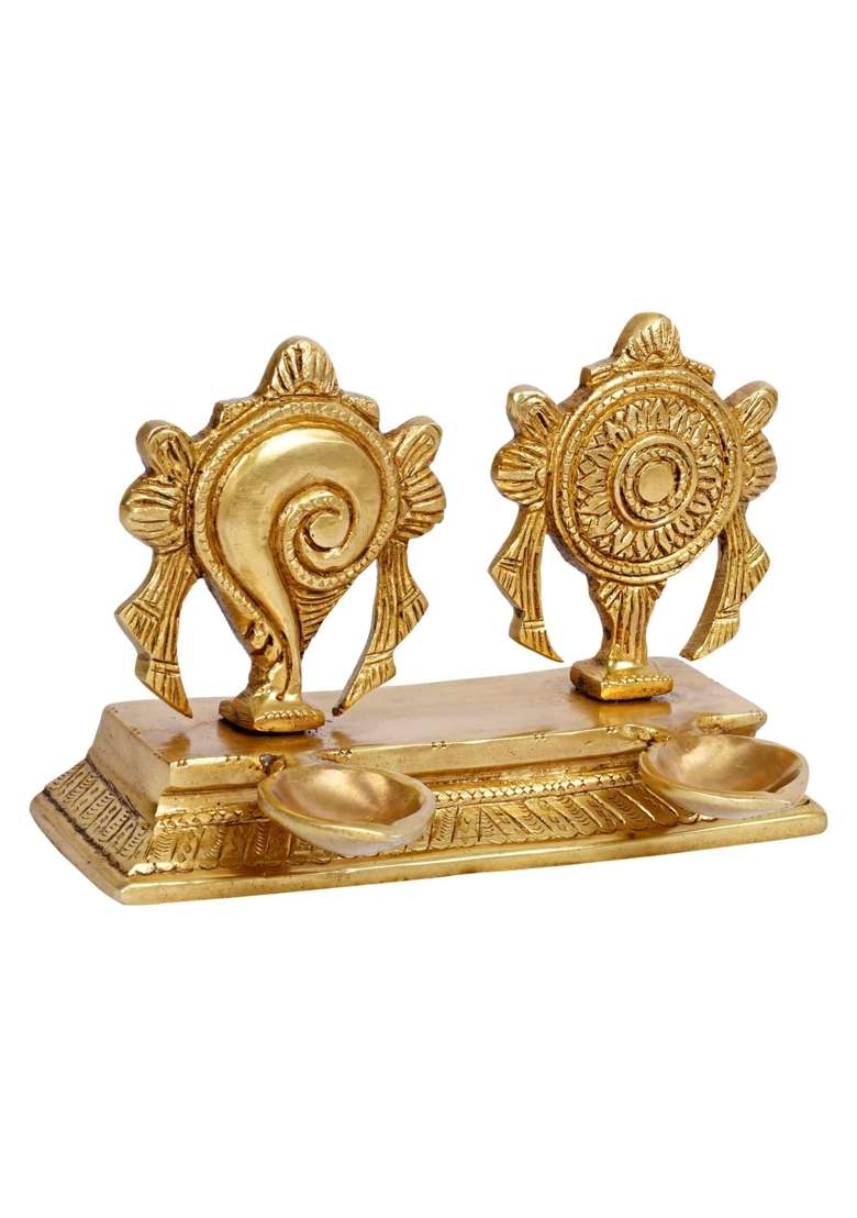 Kartique Brass Shankh Chakra Diya Oil Lamp Vishnu Symbols Gold 4 Point 25 Inch - Indya