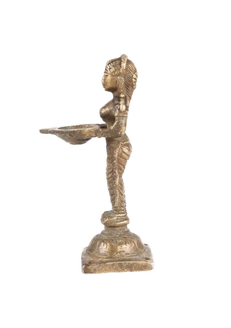 Indianshelf Gold Brass Deeplaxmi Pooja Lamp Traditional Deepam Ghee Diya Temple Light - Indya