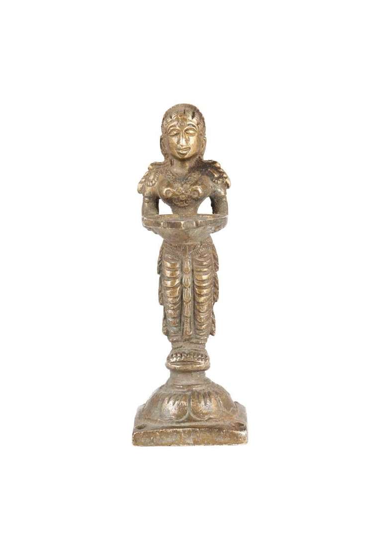 Indianshelf Gold Brass Deeplaxmi Pooja Lamp Traditional Deepam Ghee Diya Temple Light - Indya