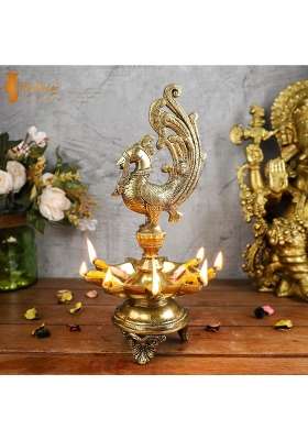 Two Moustaches Peacock Design 9 Oil Wick Brass Diya Diyas for Home Decoration Return Gifts Pack of 1