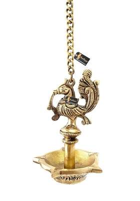 Two Moustaches Handmade Ethnic Peacock Design 5 Oil Wick Brass Hanging Diya Pack of 1