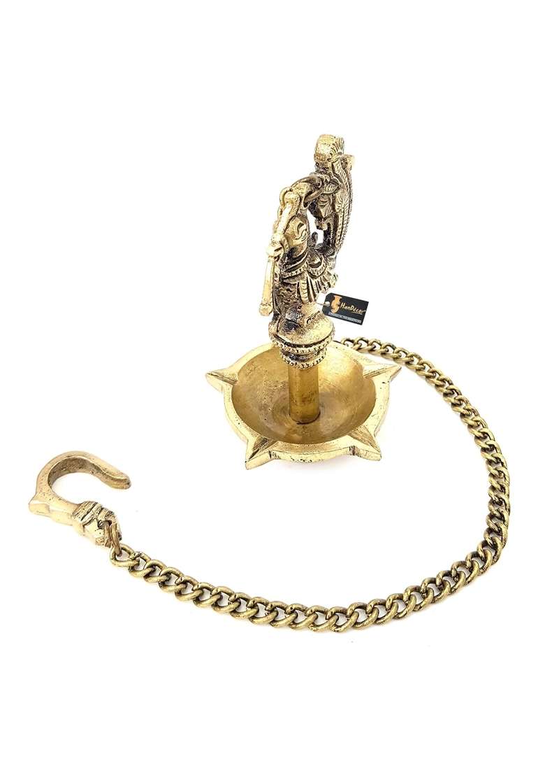 Two Moustaches Handmade Ethnic Peacock Design 5 Oil Wick Brass Hanging Diya Pack of 1 - Indya