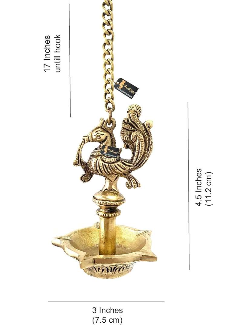 Two Moustaches Handmade Ethnic Peacock Design 5 Oil Wick Brass Hanging Diya Pack of 1 - Indya